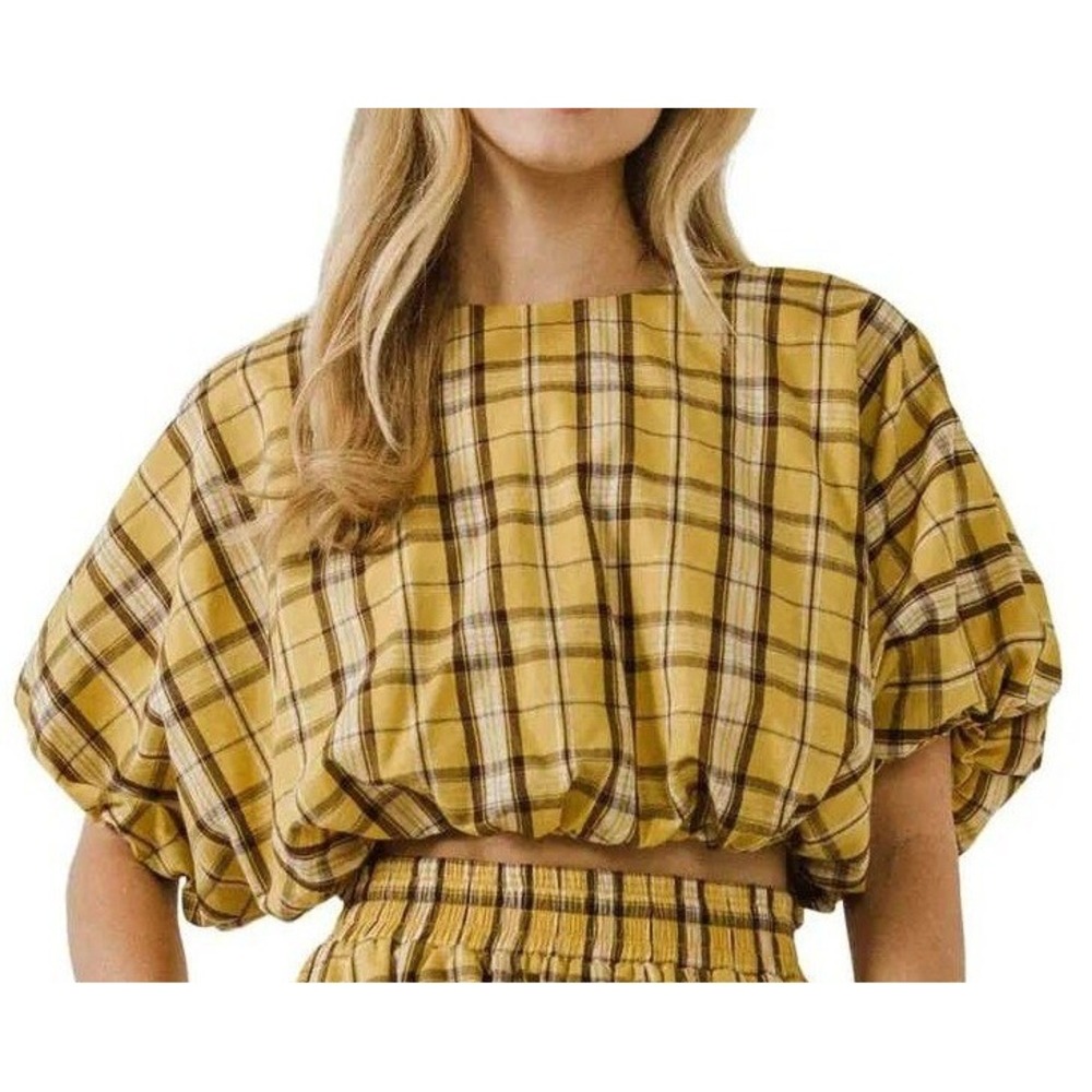 English Factory Plaid Voluminous Cropped Top Womens XS Yellow Multi TL215T